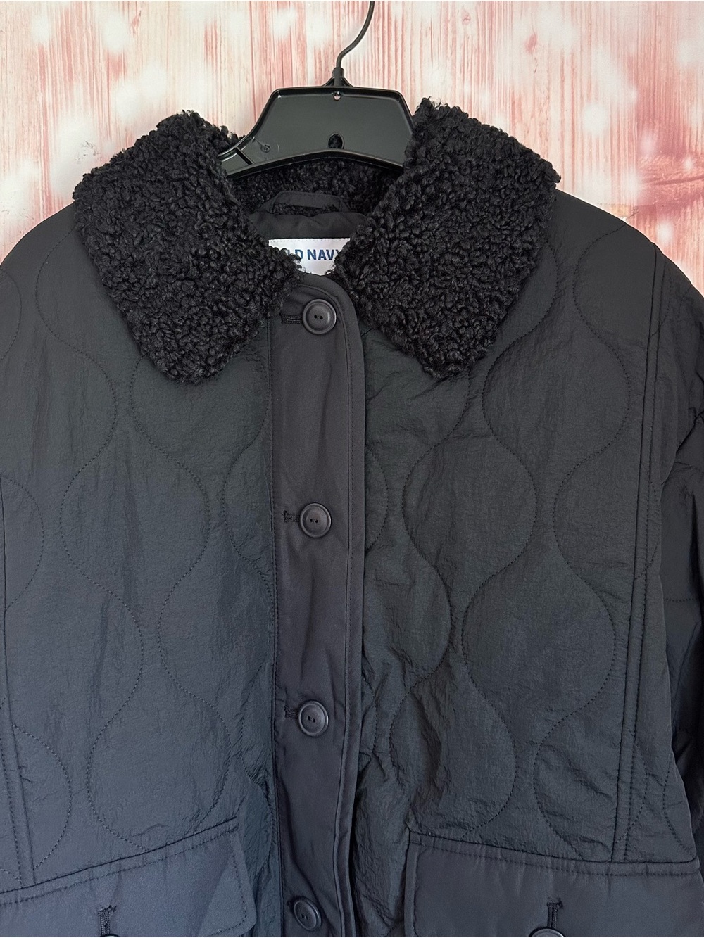 Old Navy Black Sherpa Collar Quilted Nylon Jacket Size Large - Picture 4 of 13